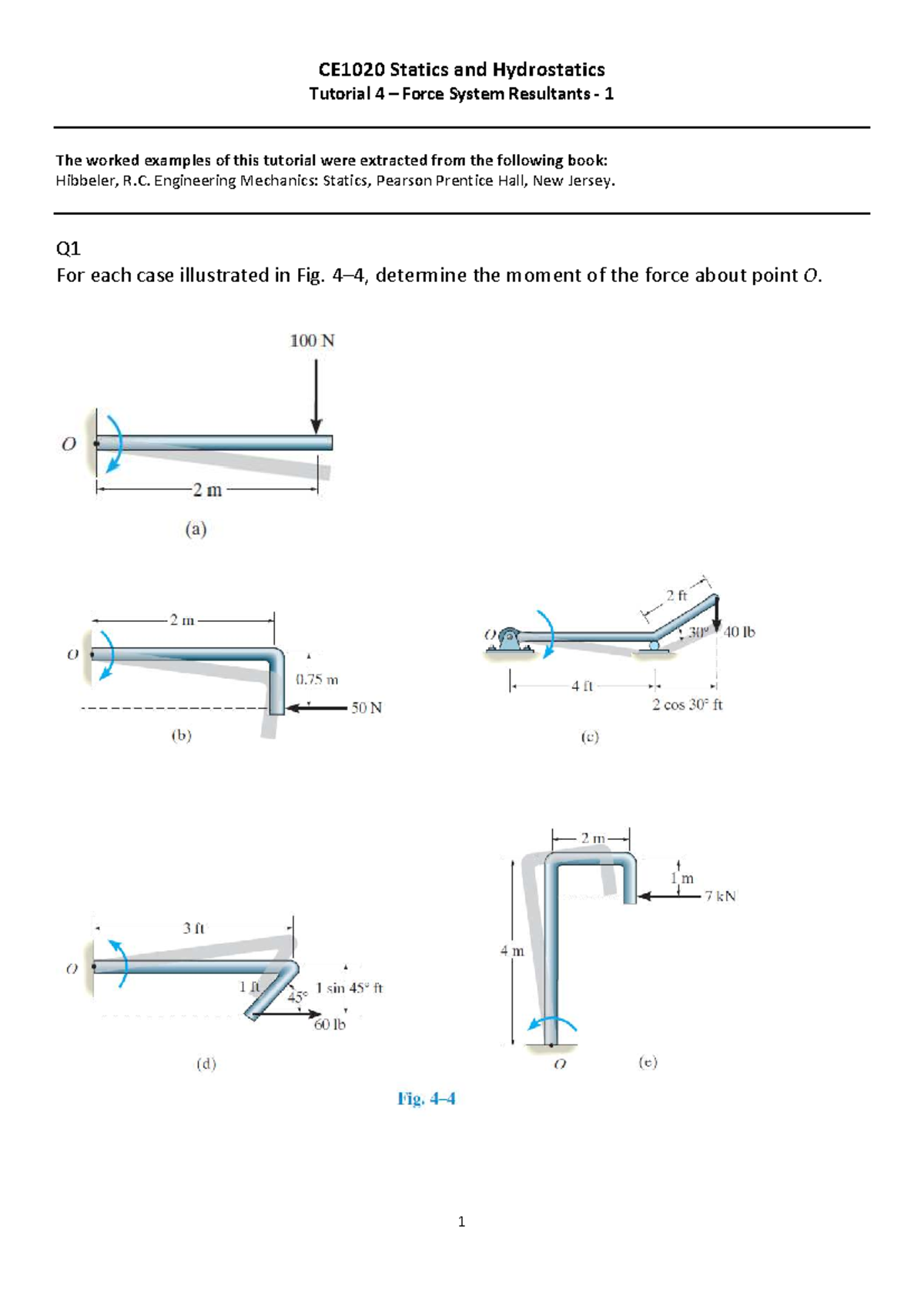 CE1020 Statics & Hydrostatics Tutorial 4: Force System Resultants - Studocu