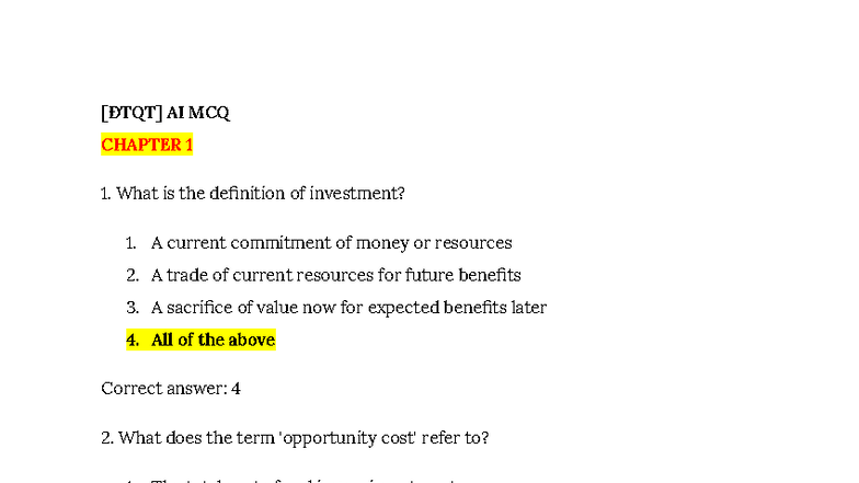 [ĐTQT] AI MCQ CHAPTER 1: Investment Concepts and Definitions - Studocu