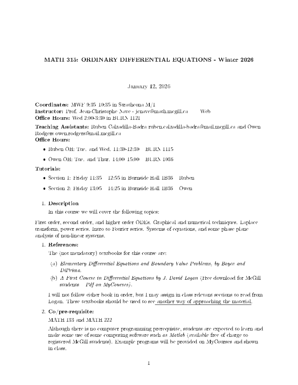 MATH 315: Winter 2026 Course Outline for Ordinary Differential ...