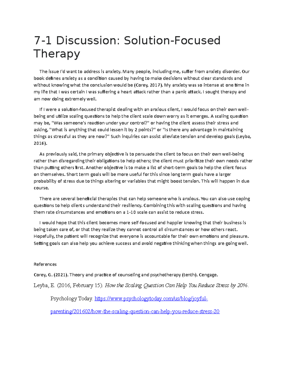 7-1 Discussion: Solution-Focused Therapy for Anxiety Management - Studocu