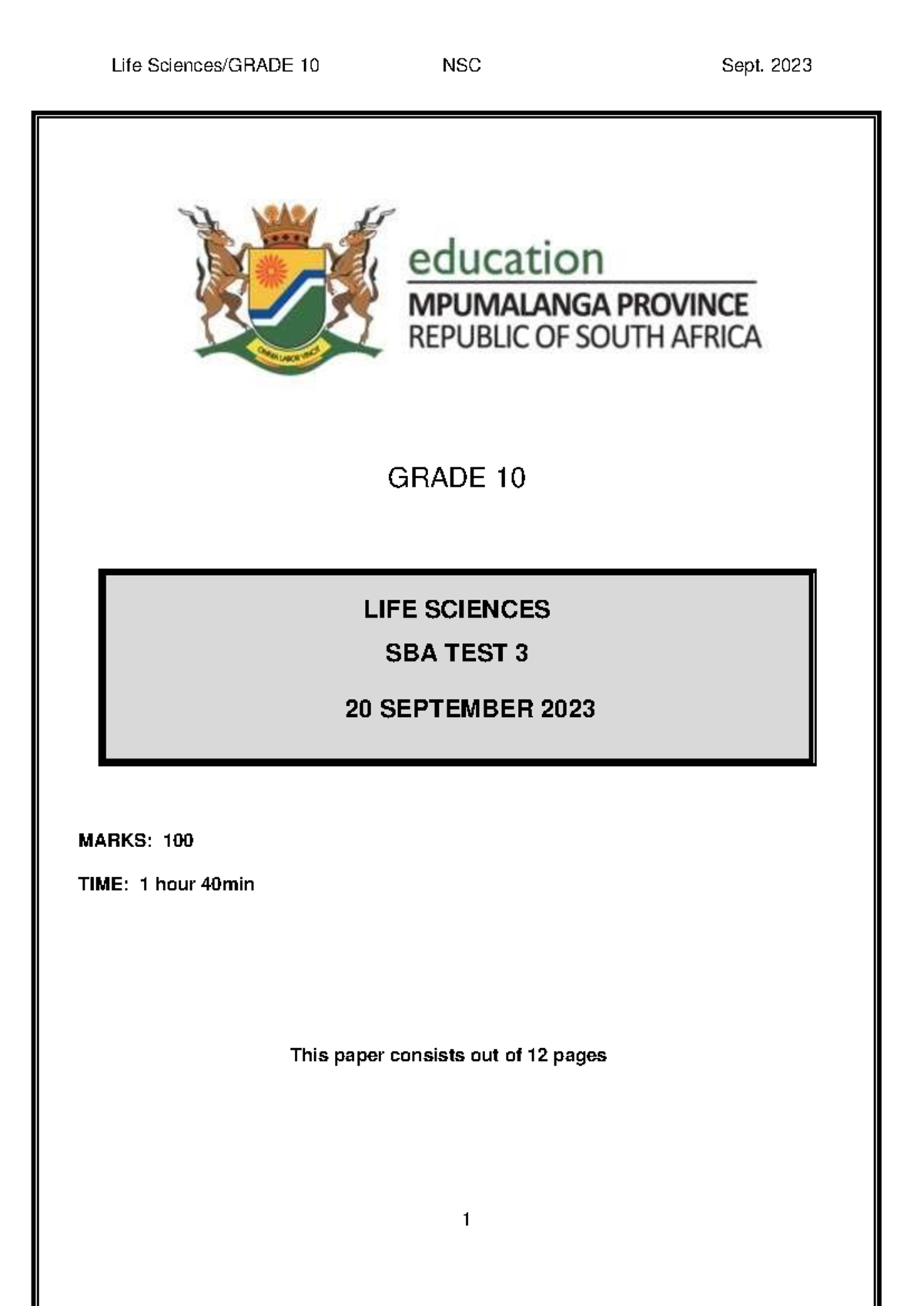 Grade 10 Life Sciences SBA Test 3 – September 2023 - Studocu