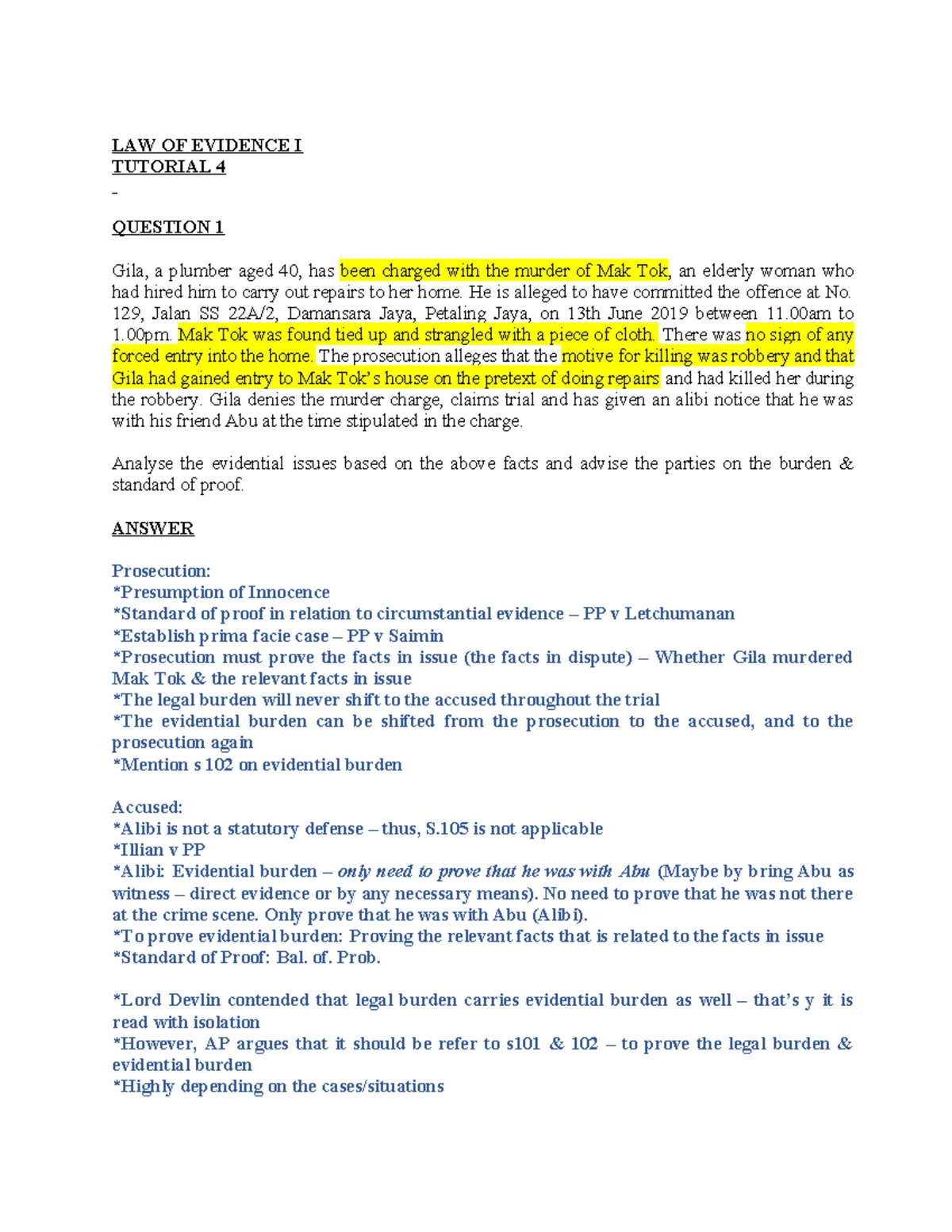 LAW OF EVIDENCE I: Tutorial 2 Questions Analysis and Evaluation - Studocu
