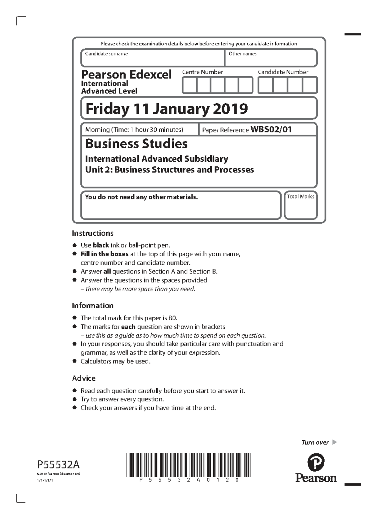 Business Studies IAL Jan 2019 Exam Paper U-2: Structures & Processes ...
