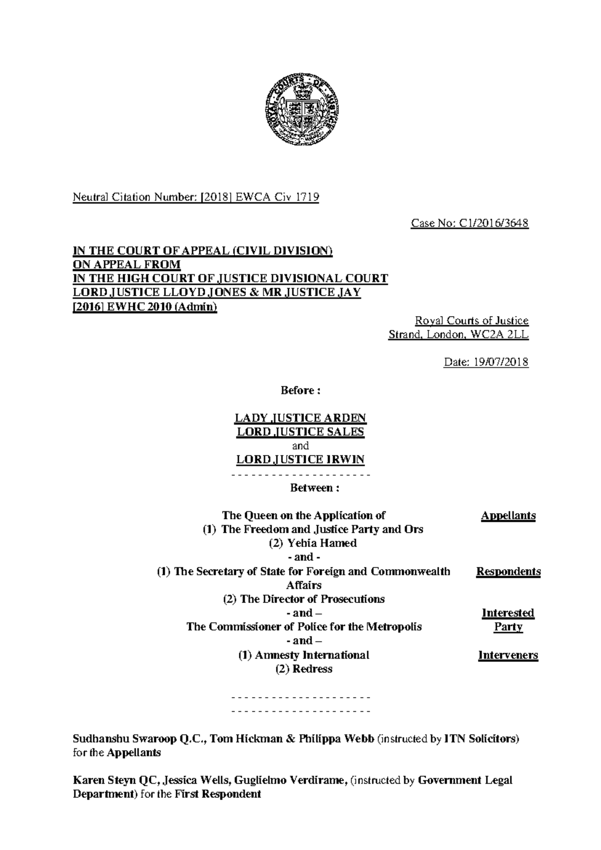 2018 EWCA Civ 1719 - Exam Case Summary and Analysis - Studocu