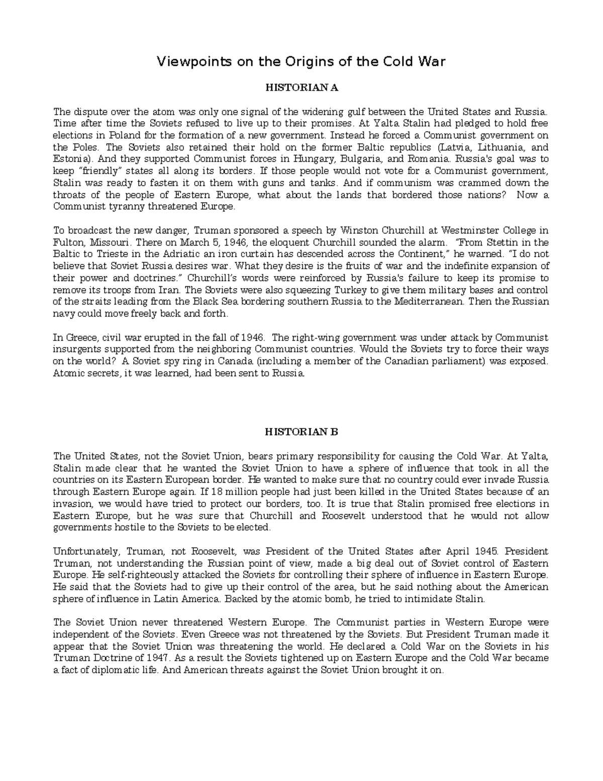 Copy of Copy of Origins of the Cold War - Viewpoints on the Origins of ...