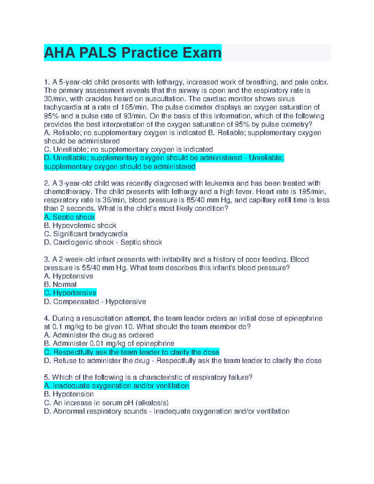 AHA PALS Practice Exam: Key Concepts and Interventions - Studocu