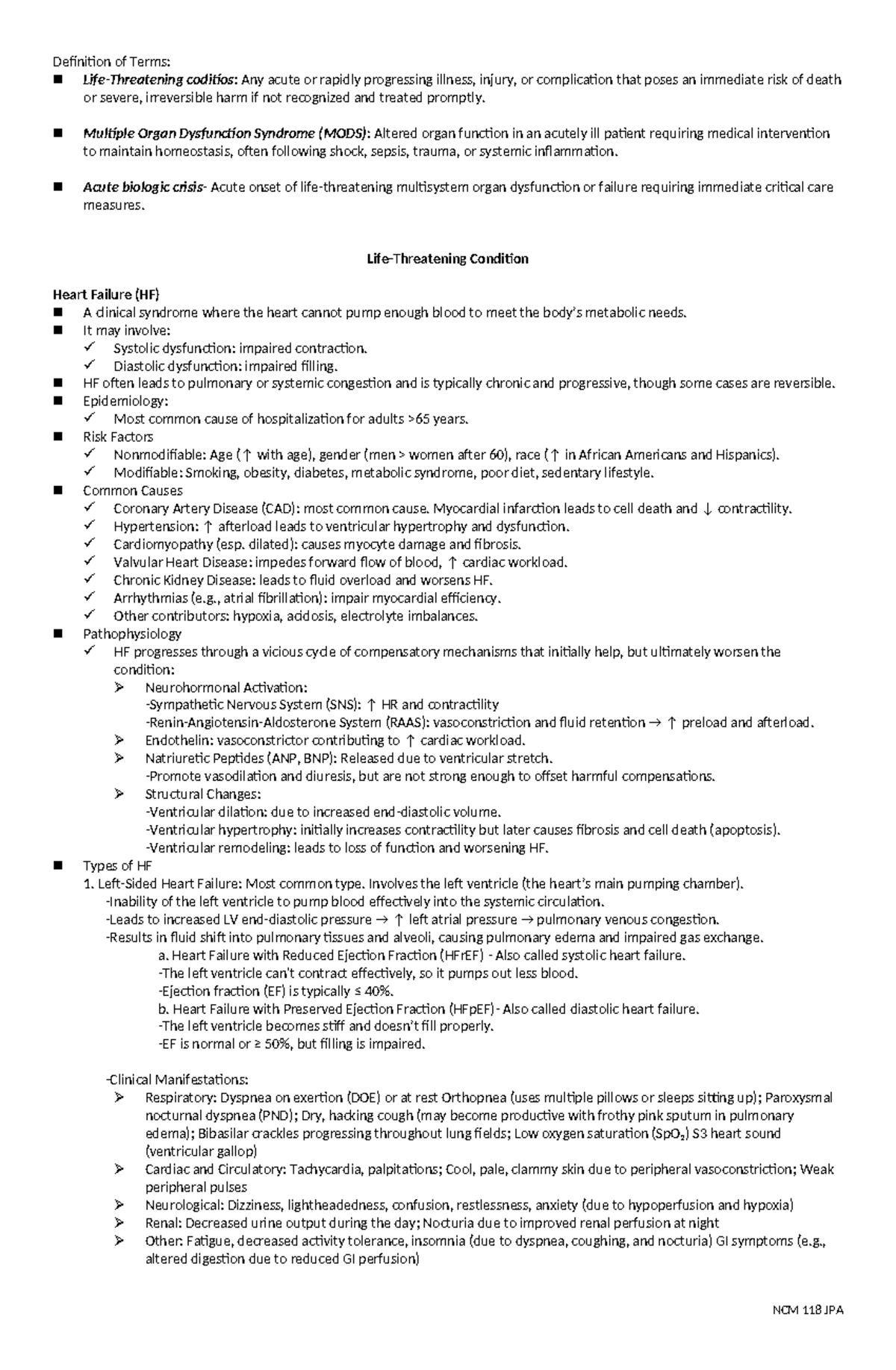 NCM 118 JPA: Heart Failure Overview and Management Notes - Studocu
