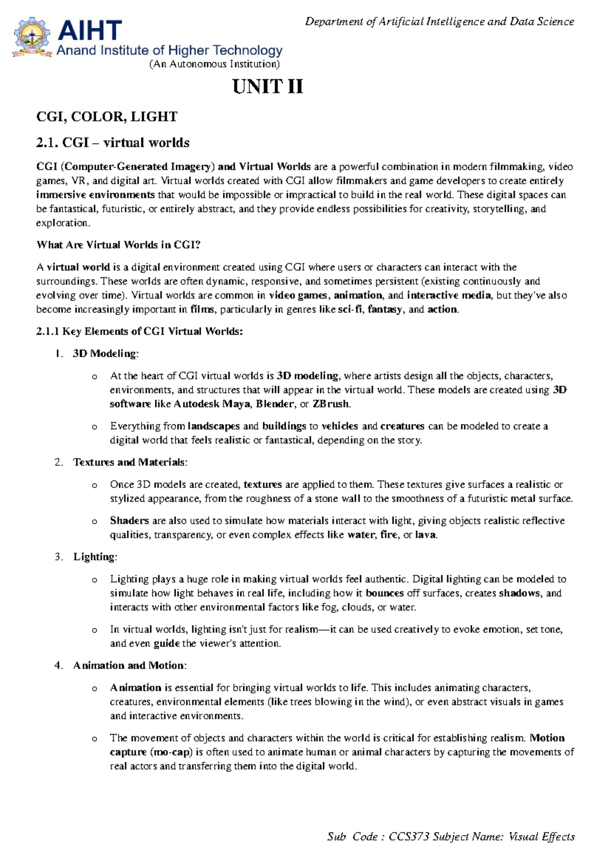 Unit II: CGI, Color, and Light - CCS373 Visual Effects Notes - Document Preview