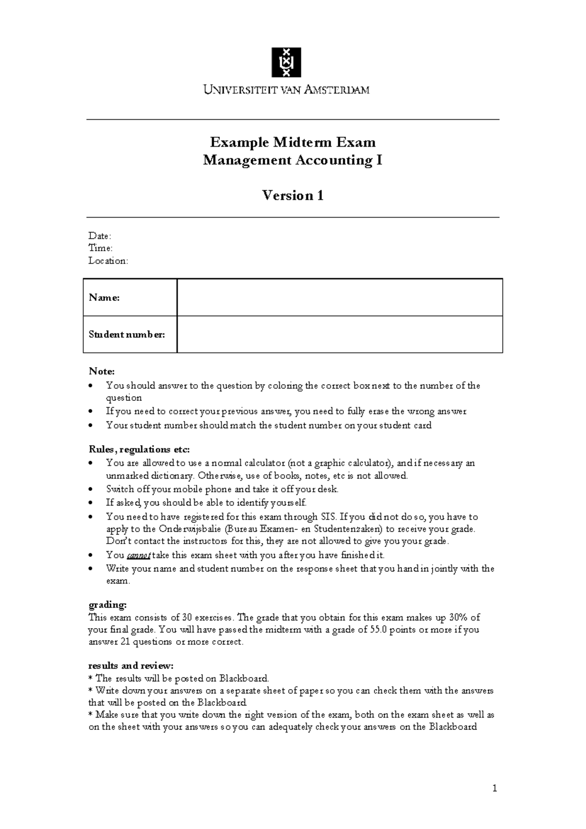 Practice Midterm Exam Management Accounting I 2019 Version 1 - Studeersnel