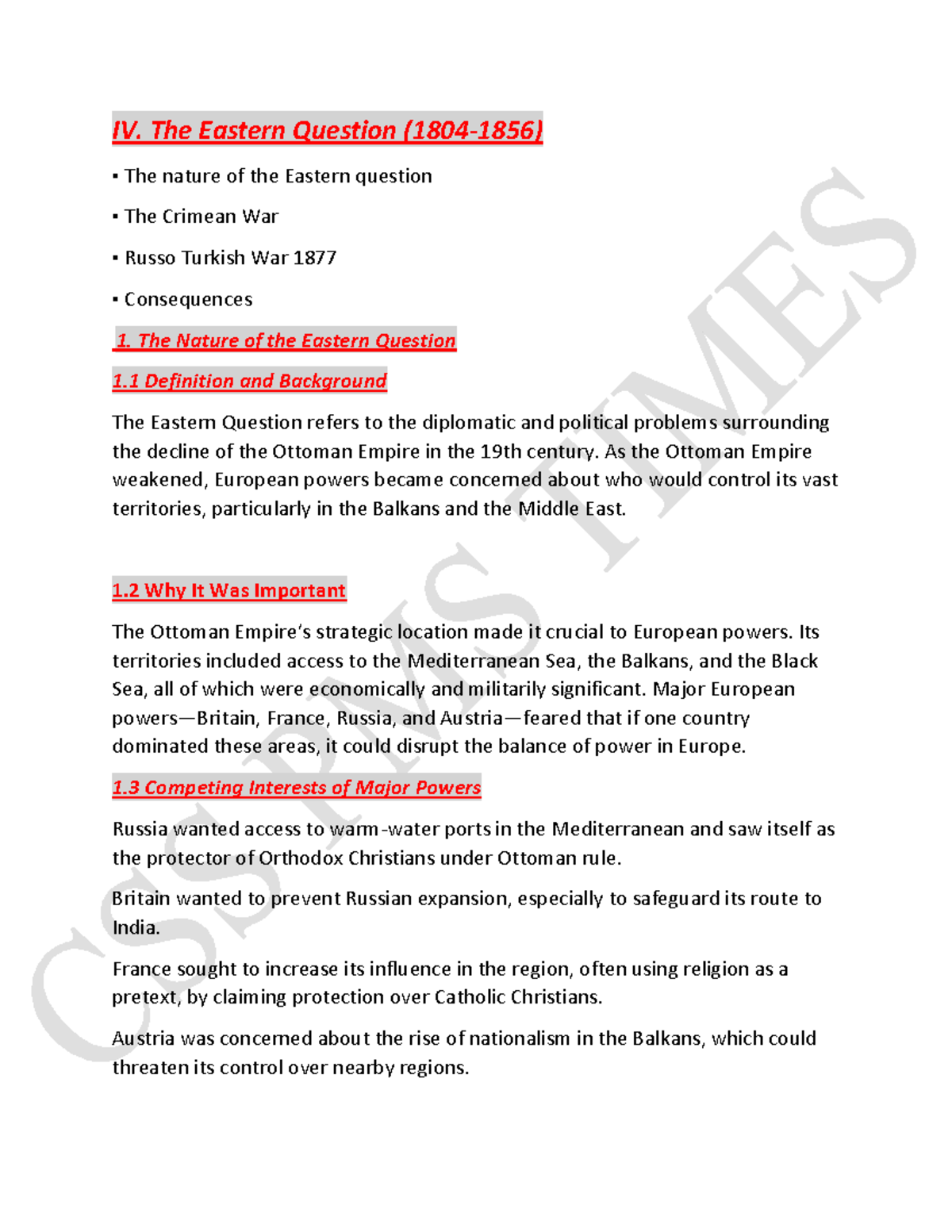 IV. The Eastern Question: Diplomatic Struggles & Consequences (1804-1856) - Document Preview