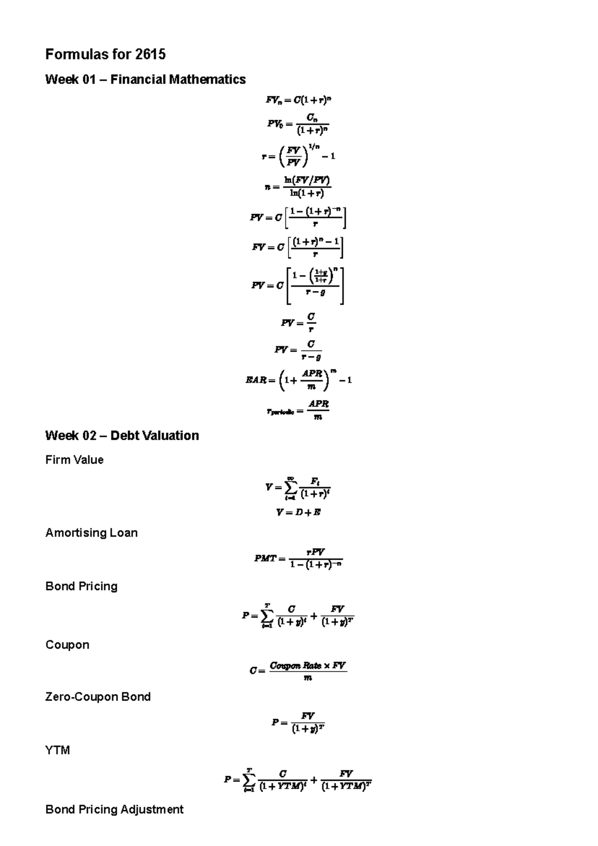 Formulas for 2615 Financial Mathematics Weeks 1-4 - Studocu