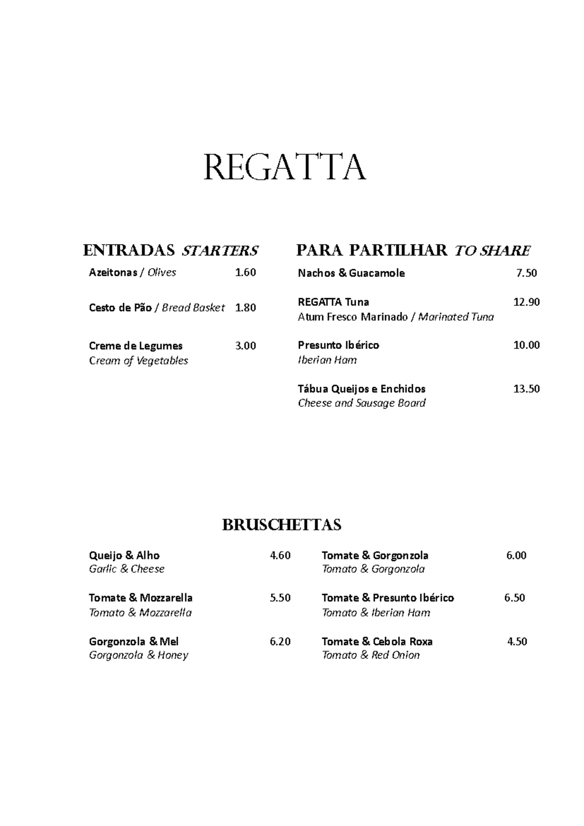 Regatta Menu: Starters, Salads, Desserts & Drinks - Studocu