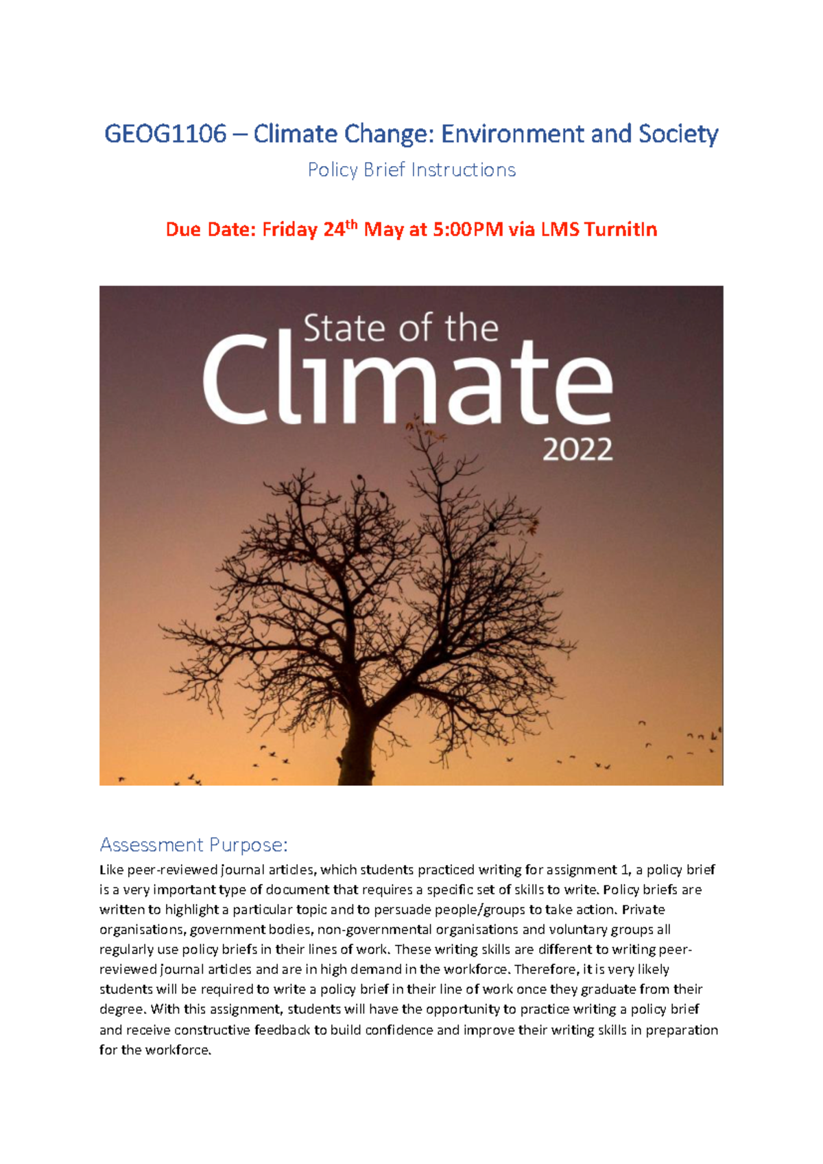 GEOG1106 Climate Change Policy Brief Instructions 2024 - Studocu