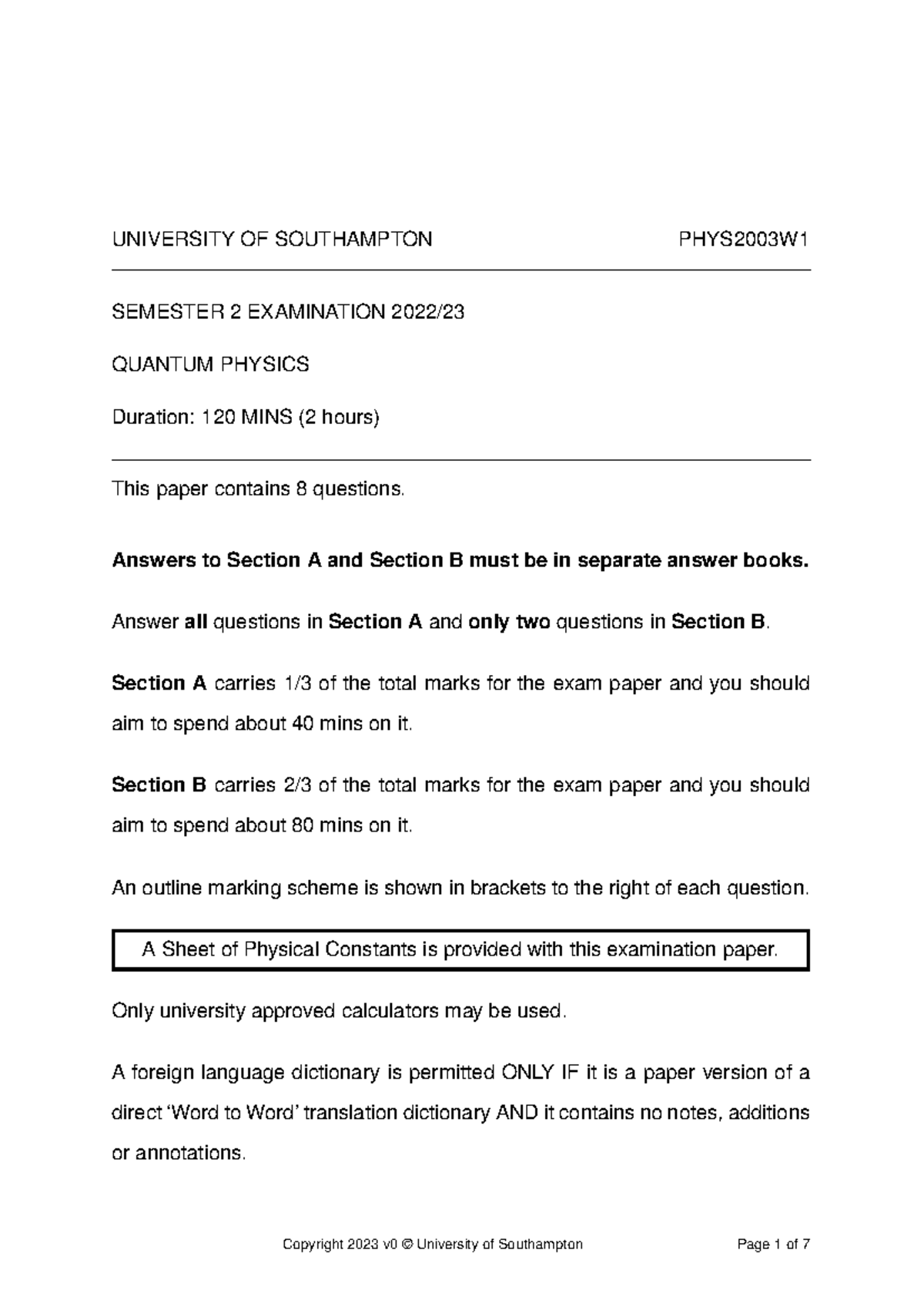PHYS2003W1 2022-23 Semester 2 Quantum Physics Exam Paper - Studocu