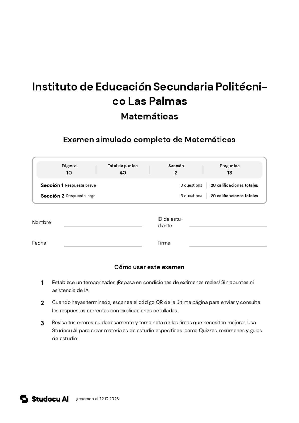 Examen Simulado Completo de Matemáticas - Studocu