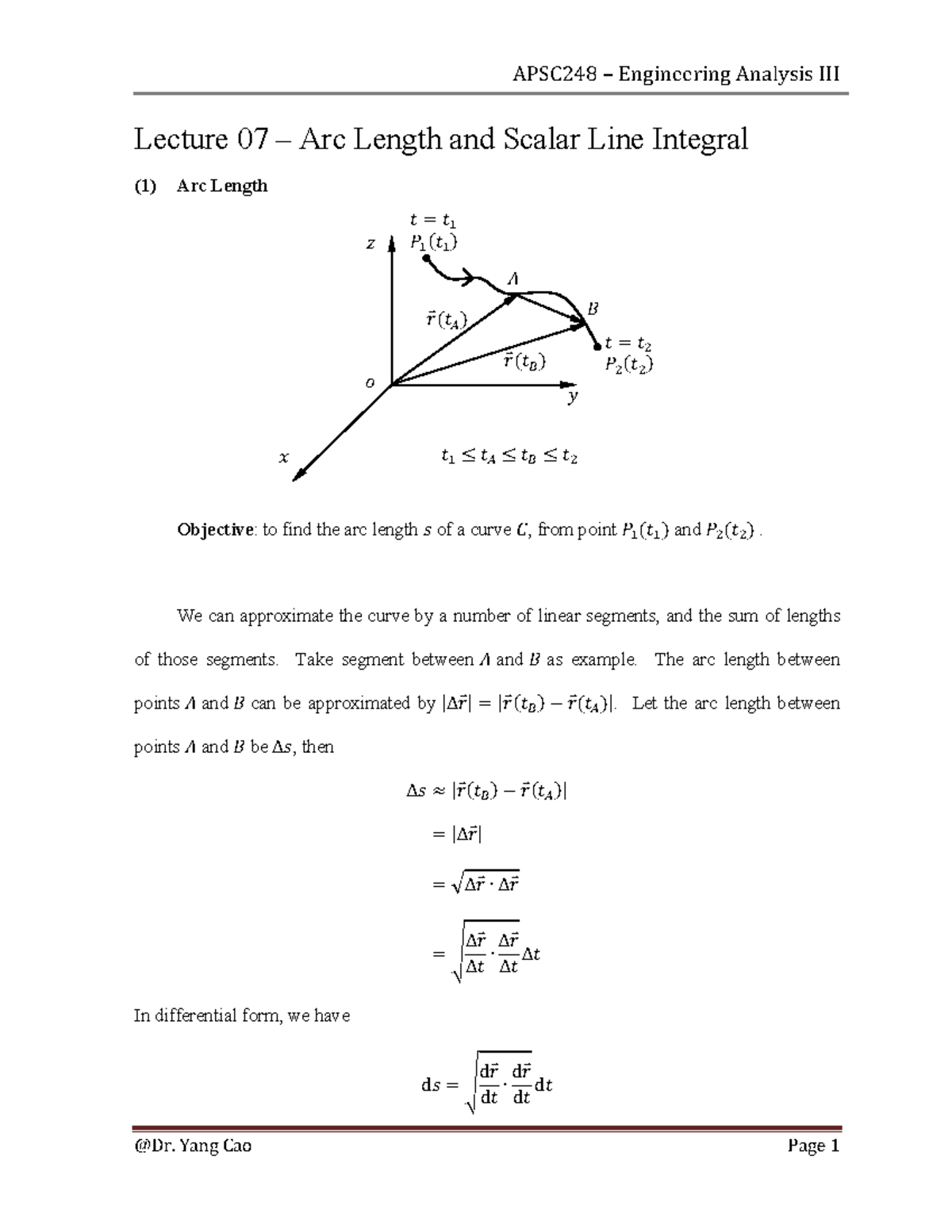 APSC248 Engineering Analysis Lecture 07: Arc Length & Line Integral ...