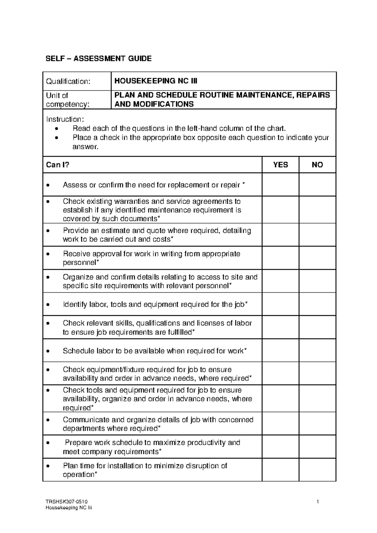 Housekeeping NC III - Self-Assessment Guide for Routine Maintenance ...
