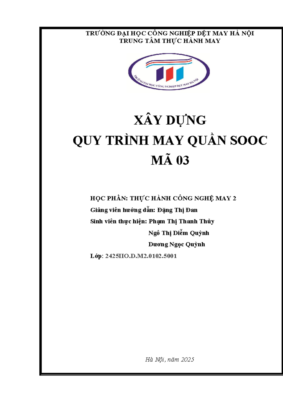 Xây Dựng Quy Trình May Quần Sooc Mã 03 - Thực Hành Công Nghệ May 2 - Document Preview