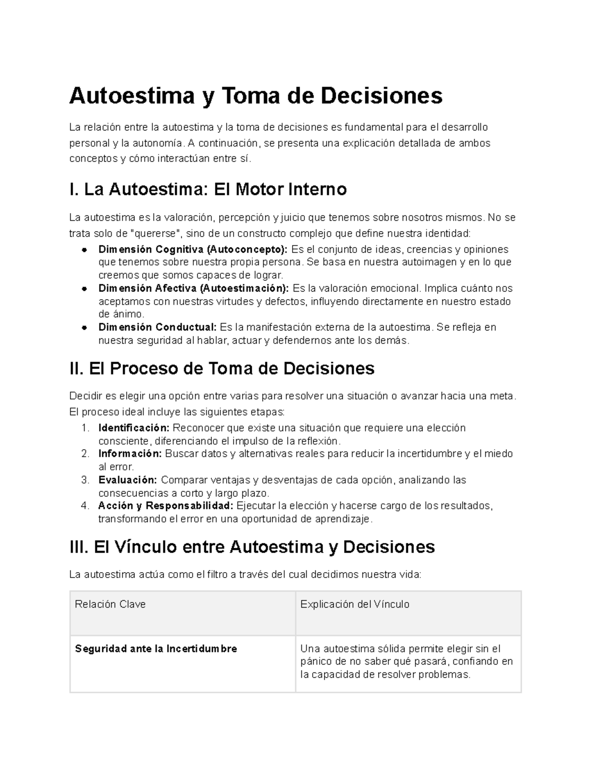 Autoestima y Toma de Decisiones: Análisis y Relación Clave - Studocu