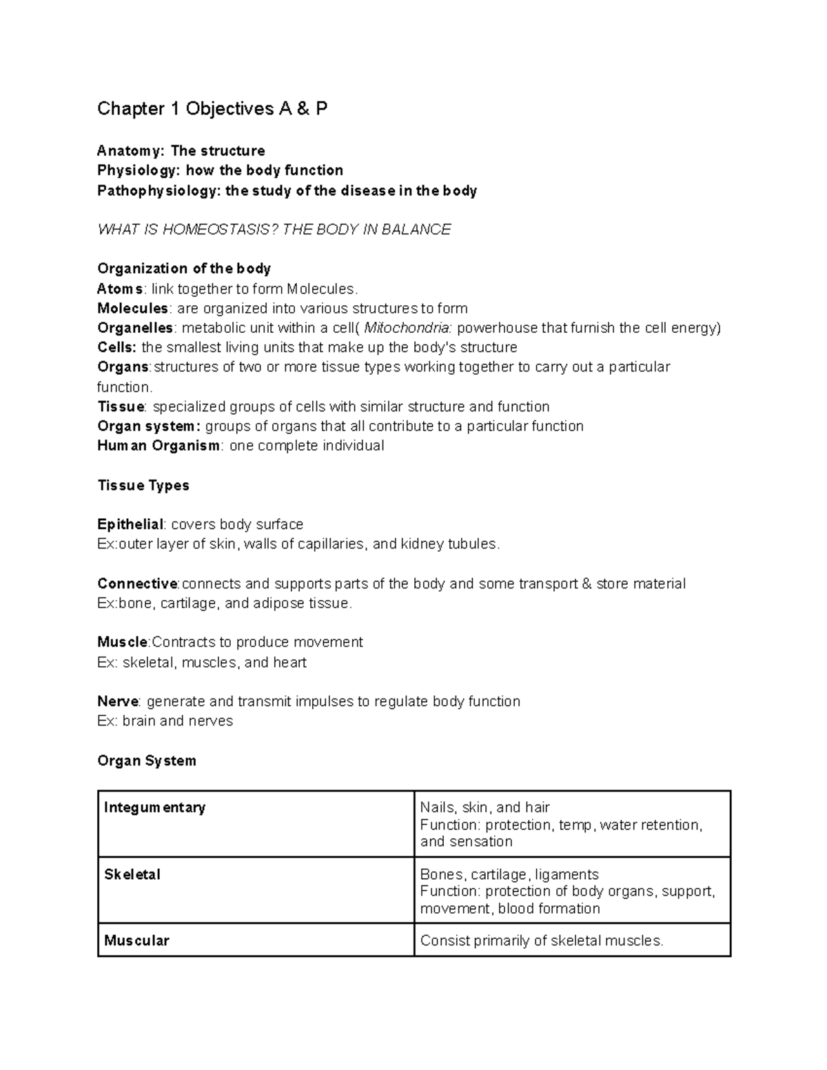A&P Chapter 1 Objectives: Structure and Function of the Body - Studocu