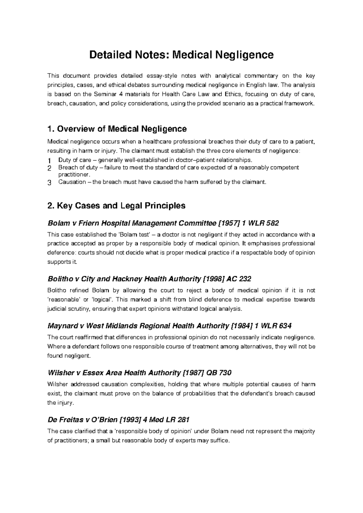 Health Care Law & Ethics: Seminar 4 Notes on Medical Negligence - Studocu