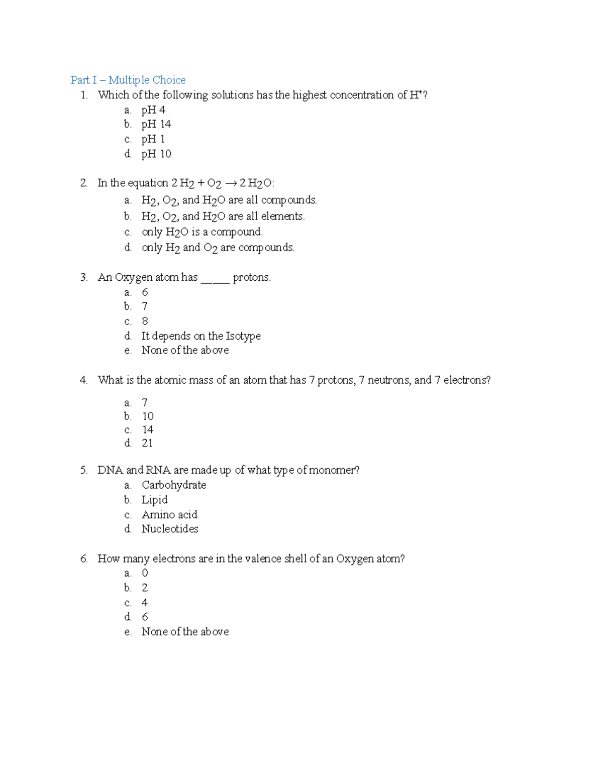 Example Test - Practice Questions for Exam Prep (BIO 101) - Studocu