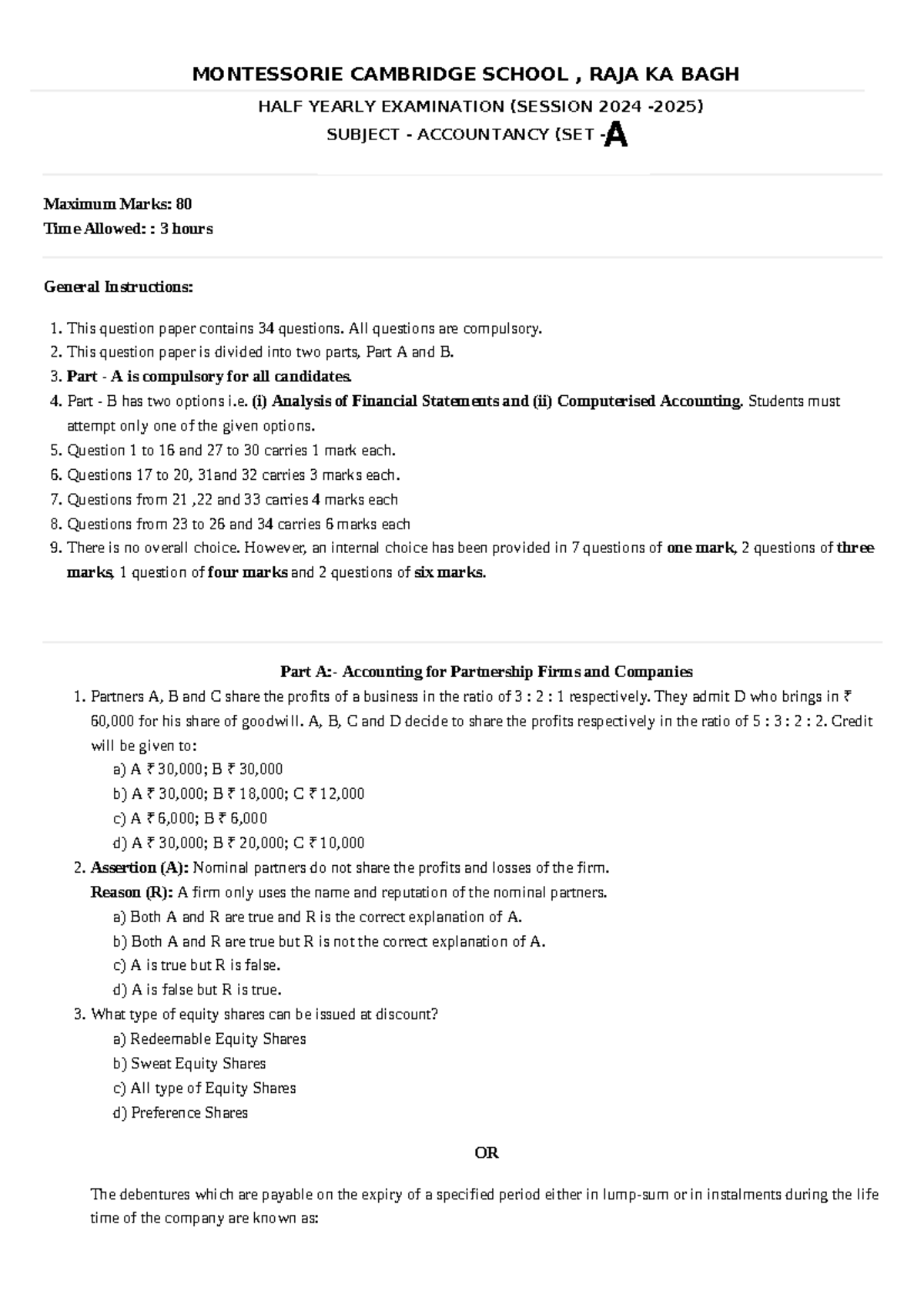 Class 12 Accountancy Half Yearly Exam SET A Sample Paper - Studocu