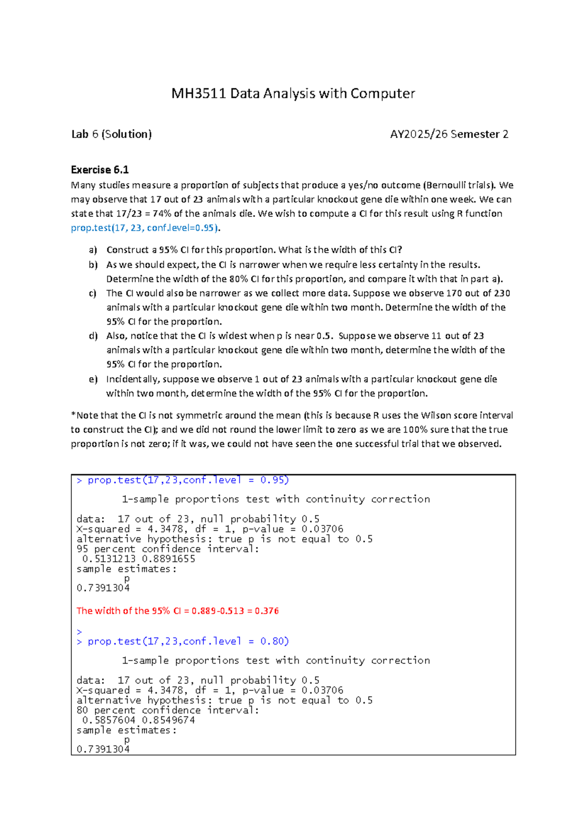 MH3511 Data Analysis Lab 6 Solutions: Confidence Intervals & Tests ...