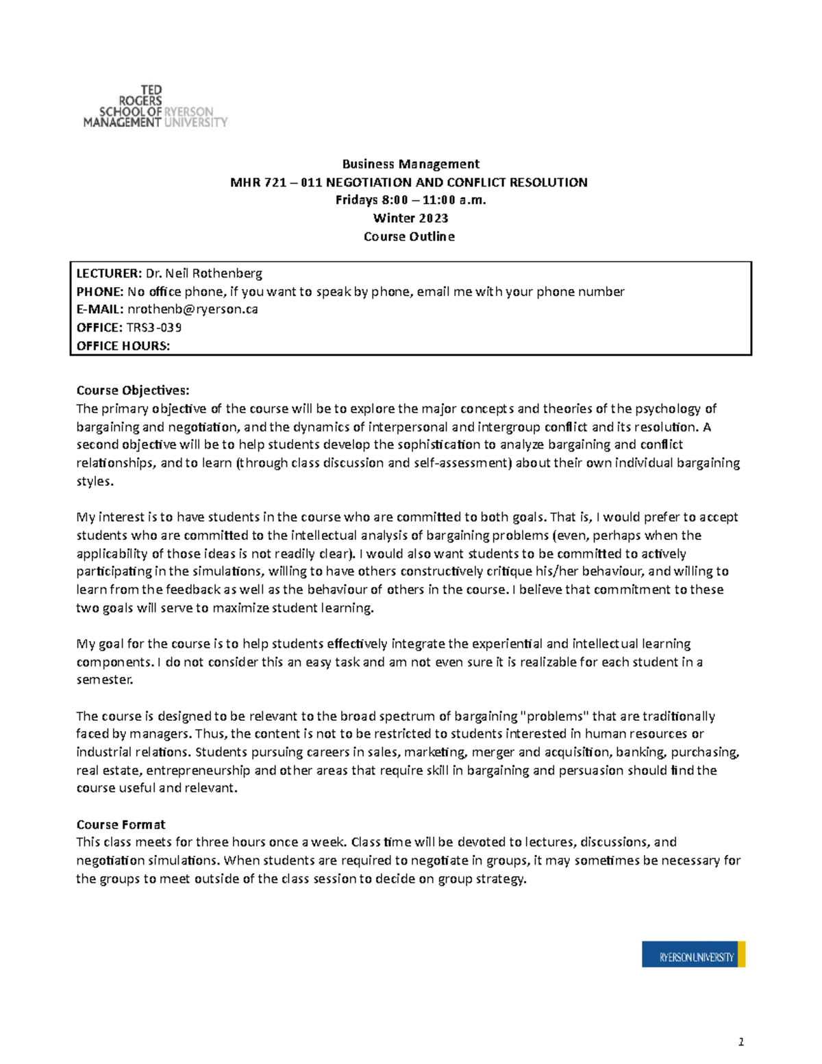 MHR721 Winter 2023 Course Outline: Negotiation & Conflict Resolution ...