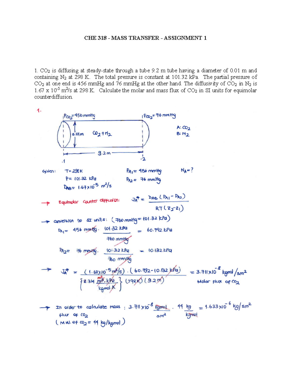 CHE 318 - Mass Transfer Assignment 1 Solution and Calculations - Studocu