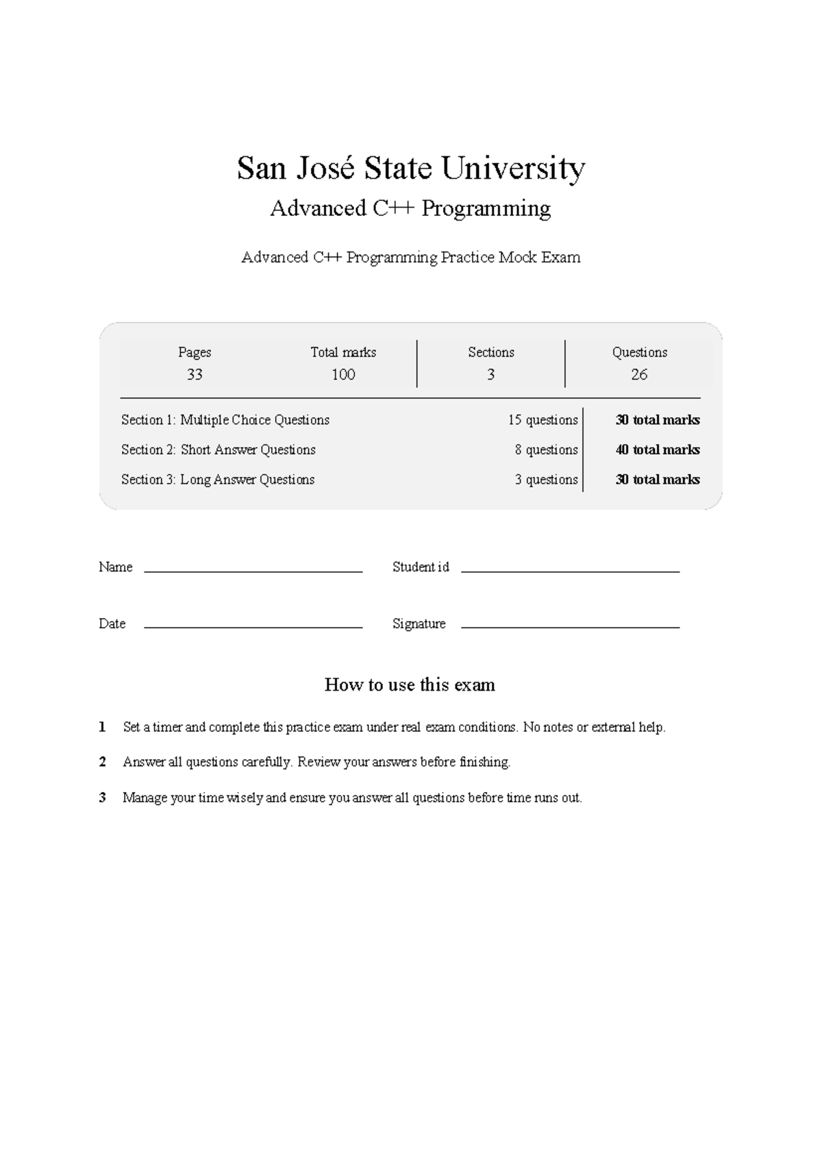 CS 144 Advanced C++ Programming SJSU Practice Mock Exam 2026 - Studocu