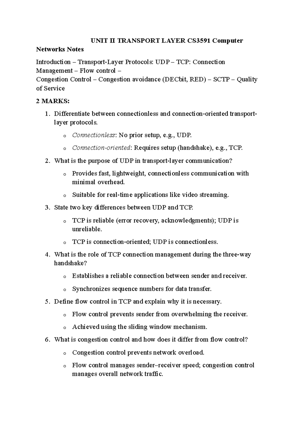 Networks Notes: Transport Layer Overview CS3591 UNIT II - Studocu