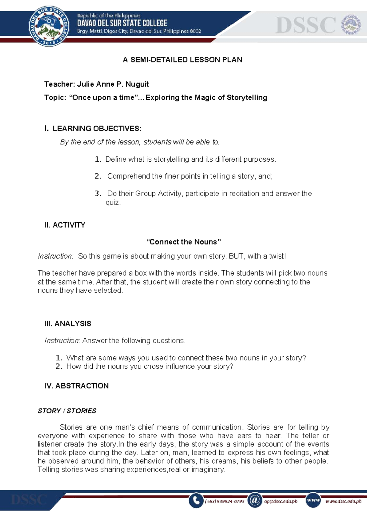 ENG 610 Lesson Plan: The Art of Storytelling - Studocu