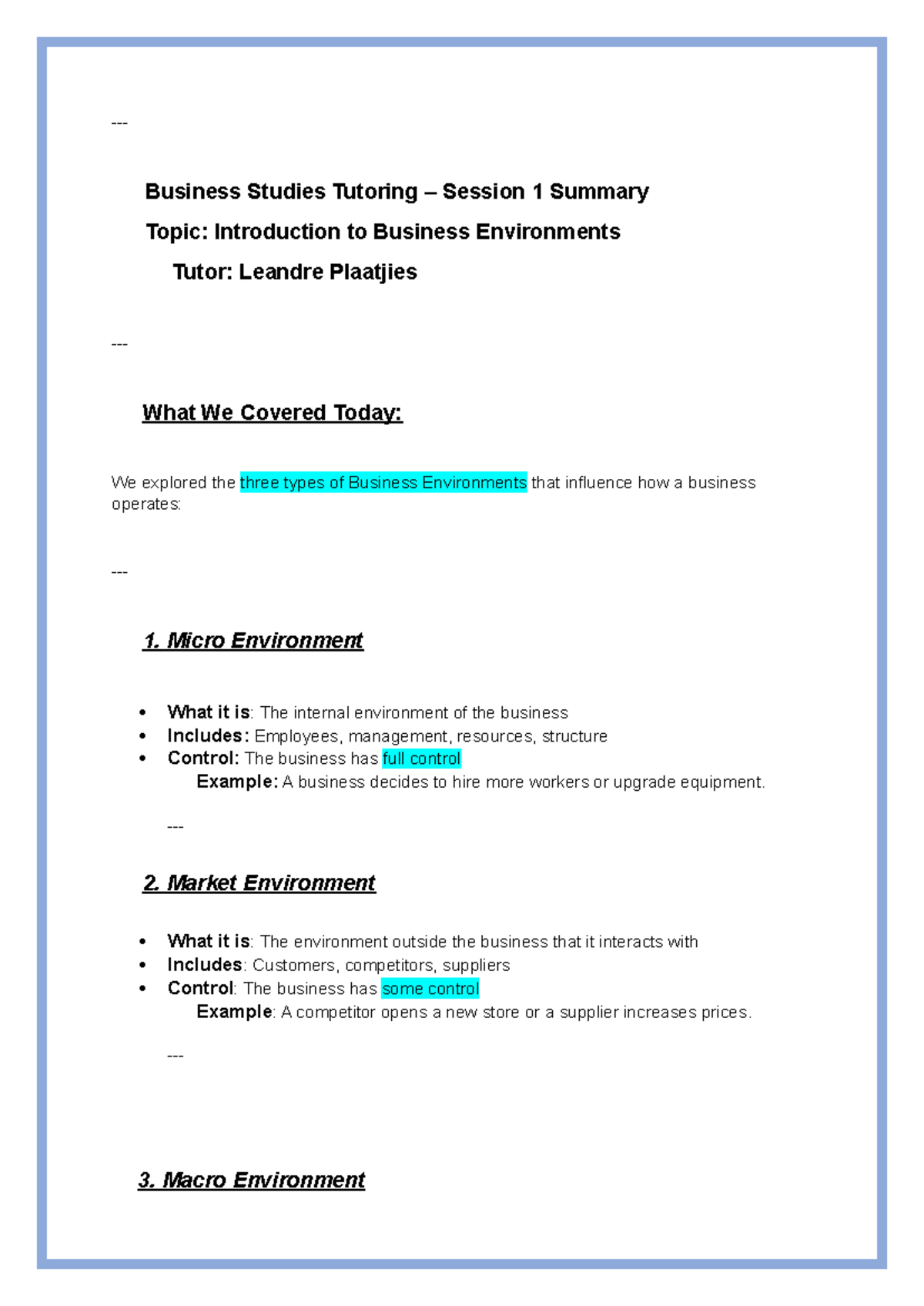 Business Studies Tutoring Session 1: Intro to Business Environments ...