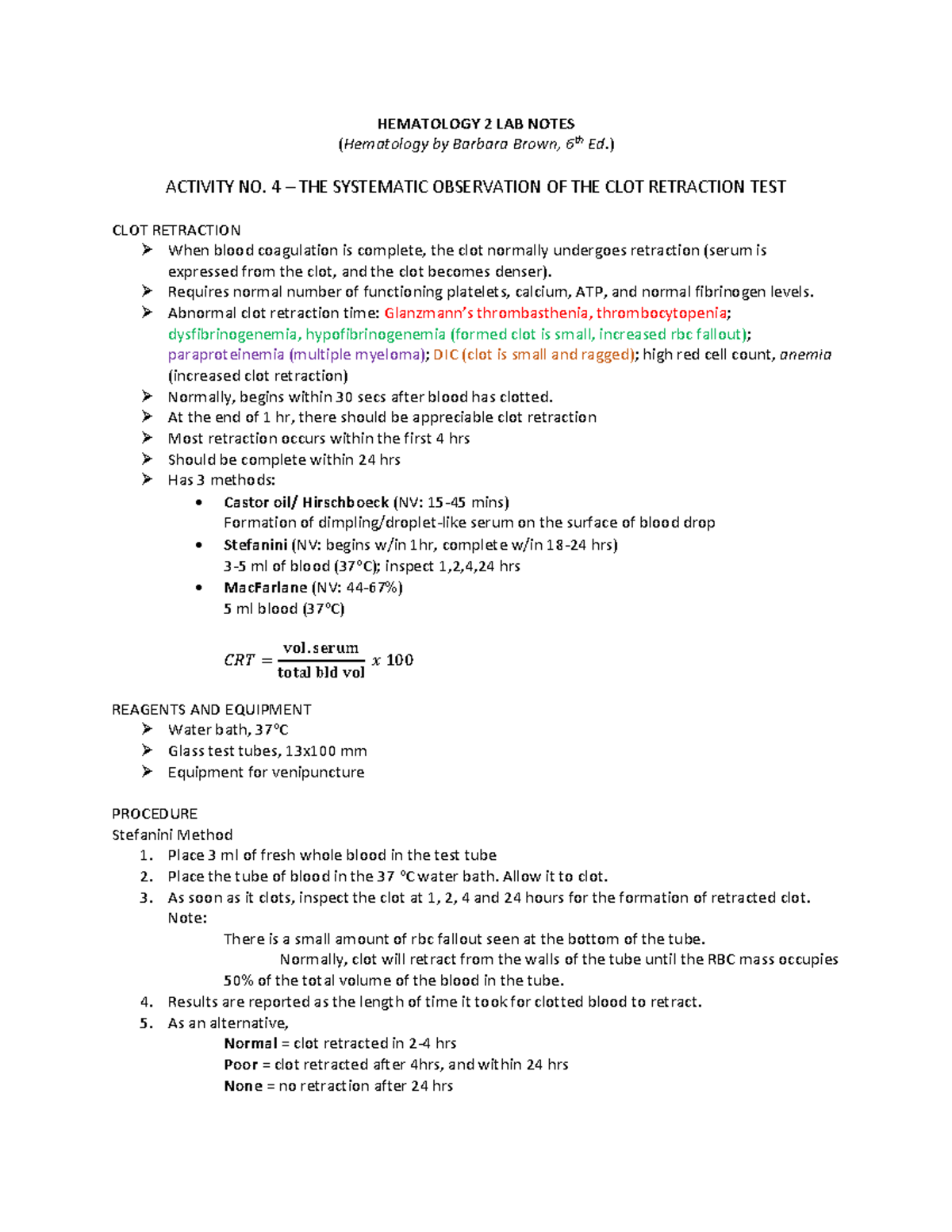Hematology 2 LAB Notes: Clot Retraction and Clotting Time Procedures ...