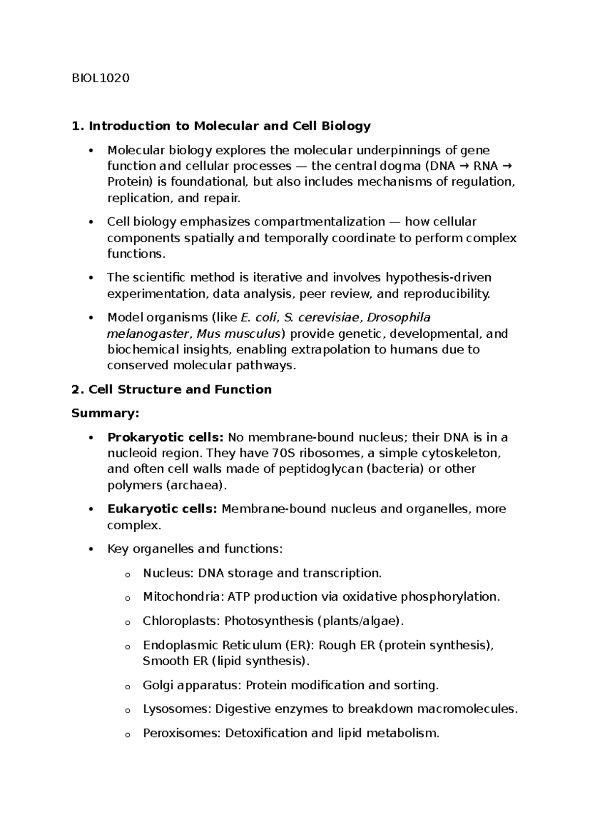 BIOL1020 Final Exam Study Guide: Molecular & Cell Biology Insights ...