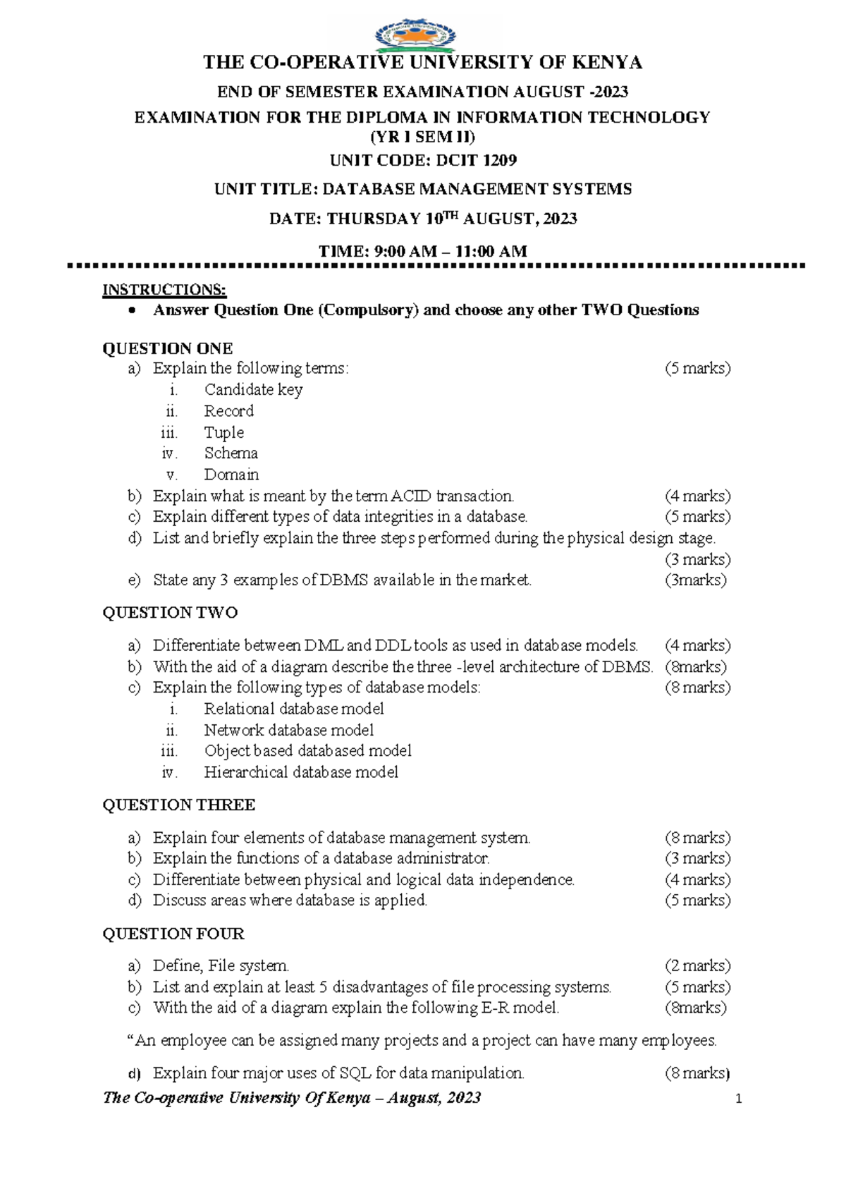 Database Management Systems DCIT 1209 Final Exam Notes for DIT 1.2 ...