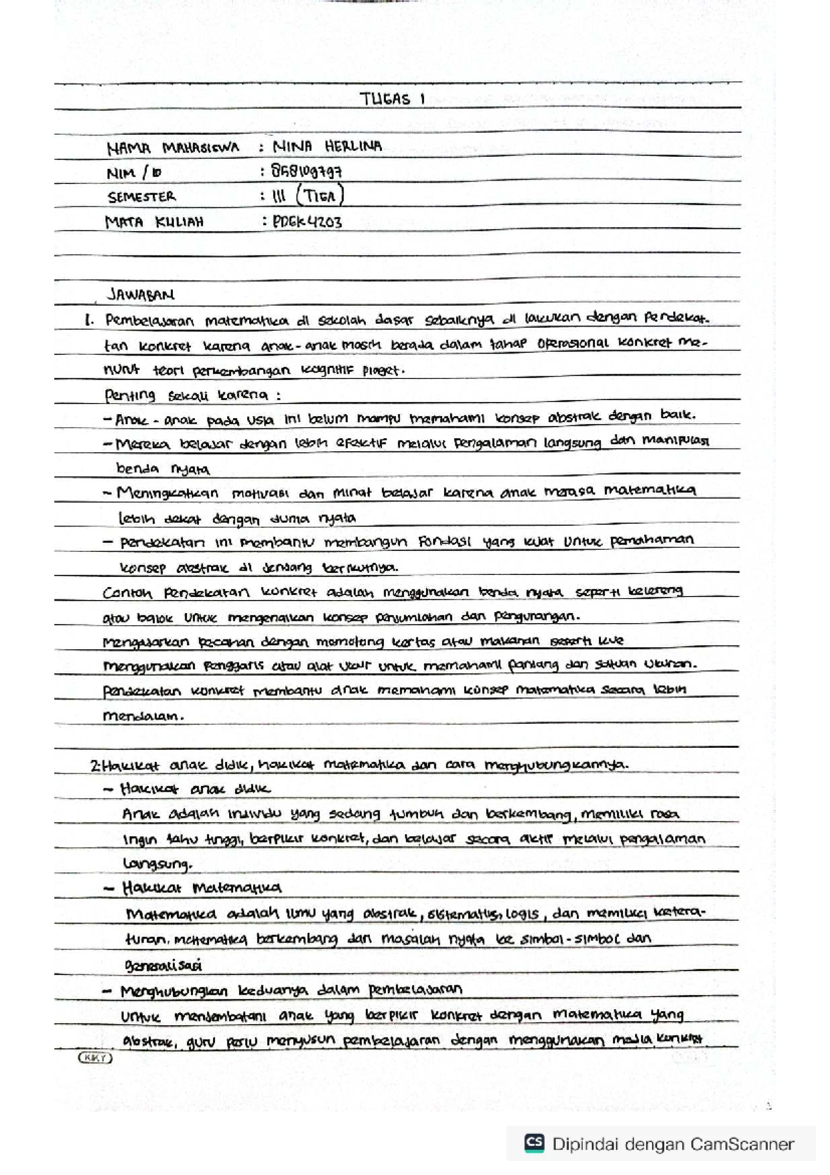 Tugas 1 Pdgk 4203 Pembelajaran Matematika Di Sekolah Dasar Studocu