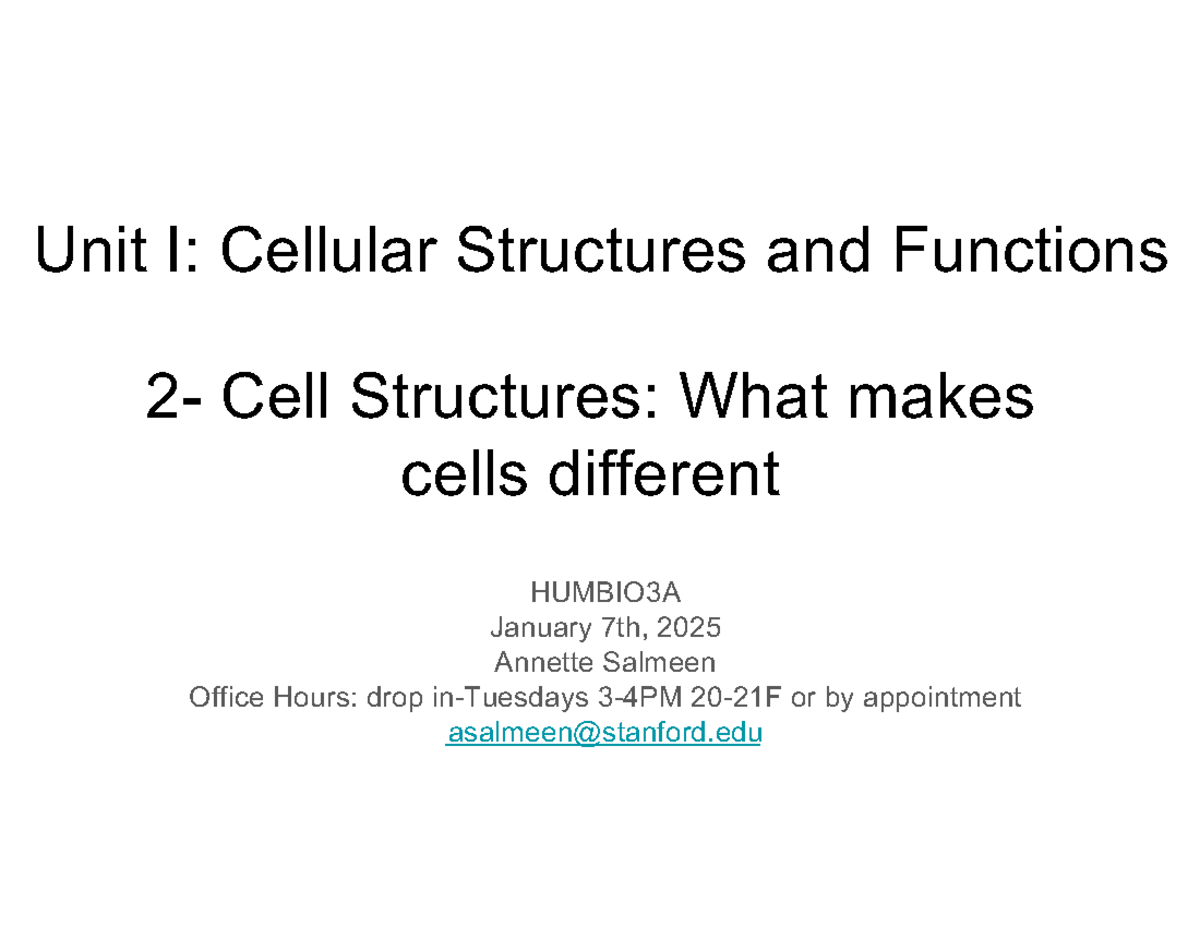 HUMBIO3A: Lecture on Eukaryotic Cell Structures and Functions - Unit I ...