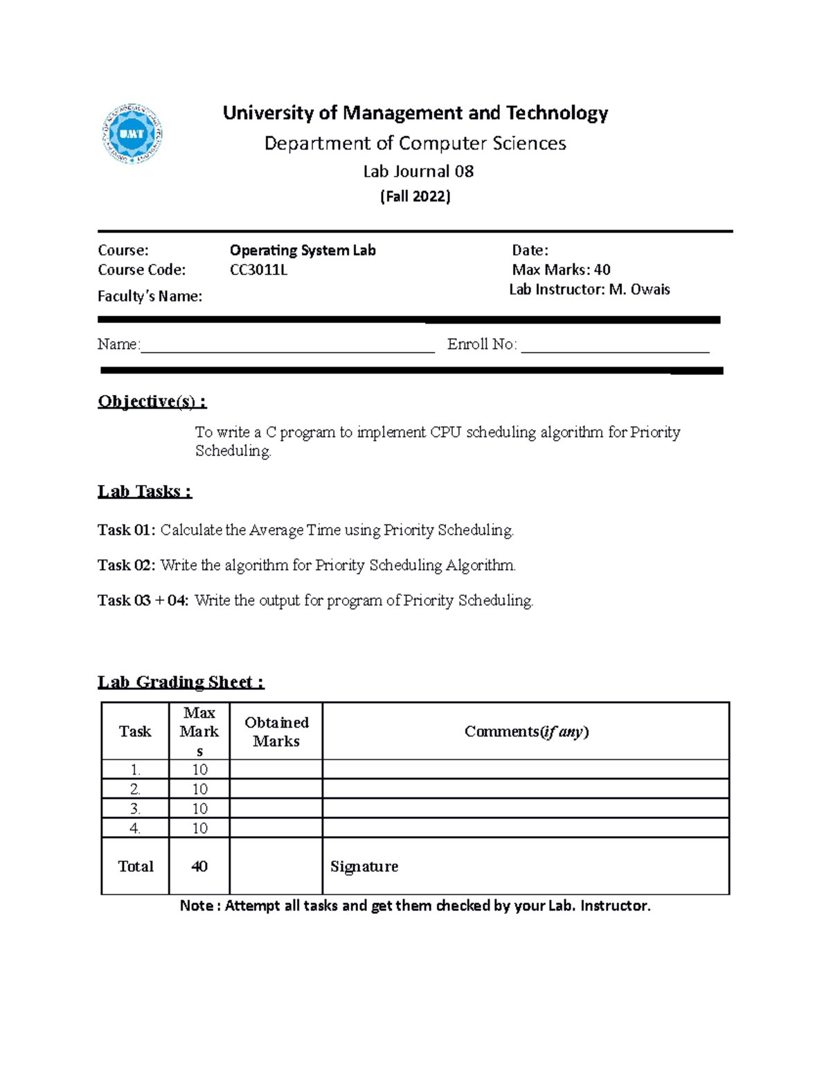 CC3011L OS Lab 08 - Lecture Notes on Priority Scheduling Algorithm ...