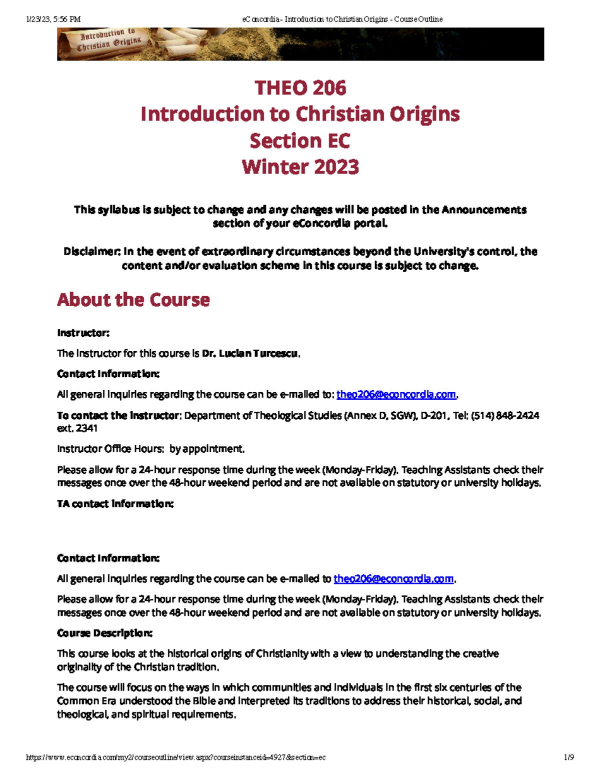 E Concordia - Introduction to Christian Origins - Course Outline - THEO ...