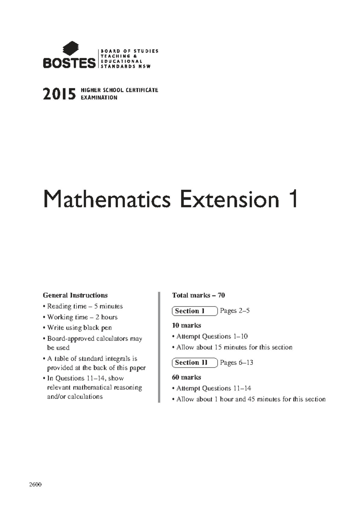 2015 HSC Mathematics Extension 1 Past Exam Paper - Studocu