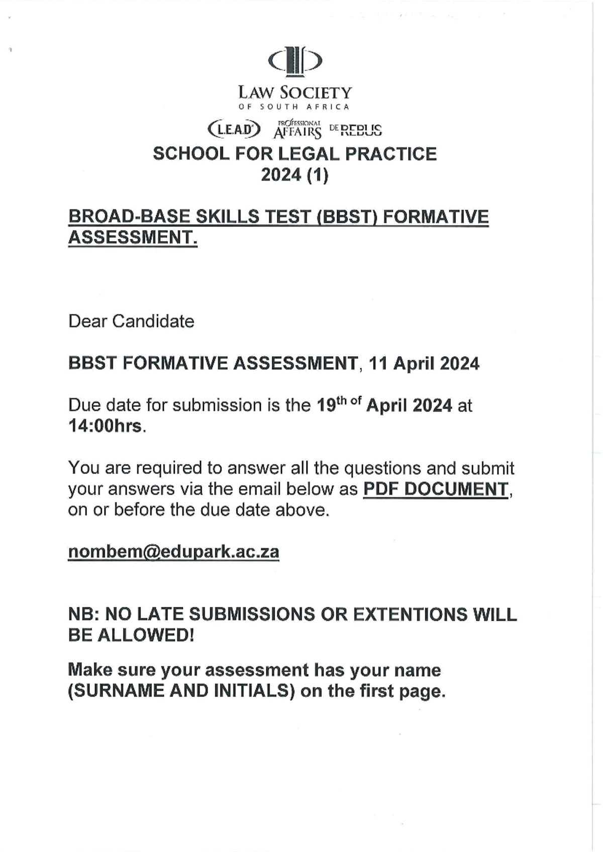BBST 2024 Formative Assessment: Skills Test for Legal Practice - Studocu