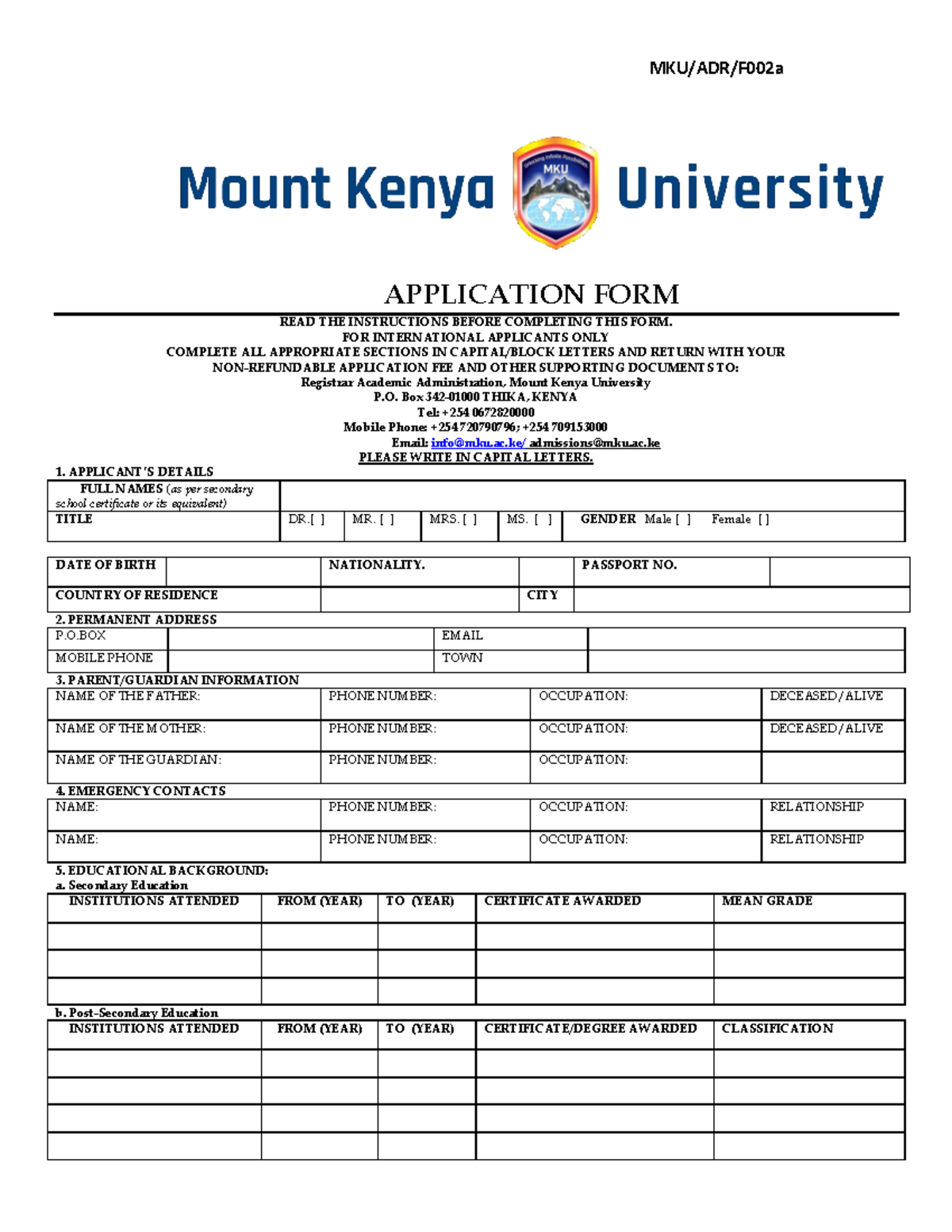 MKU International Applicants Application Form - All Sections Required ...