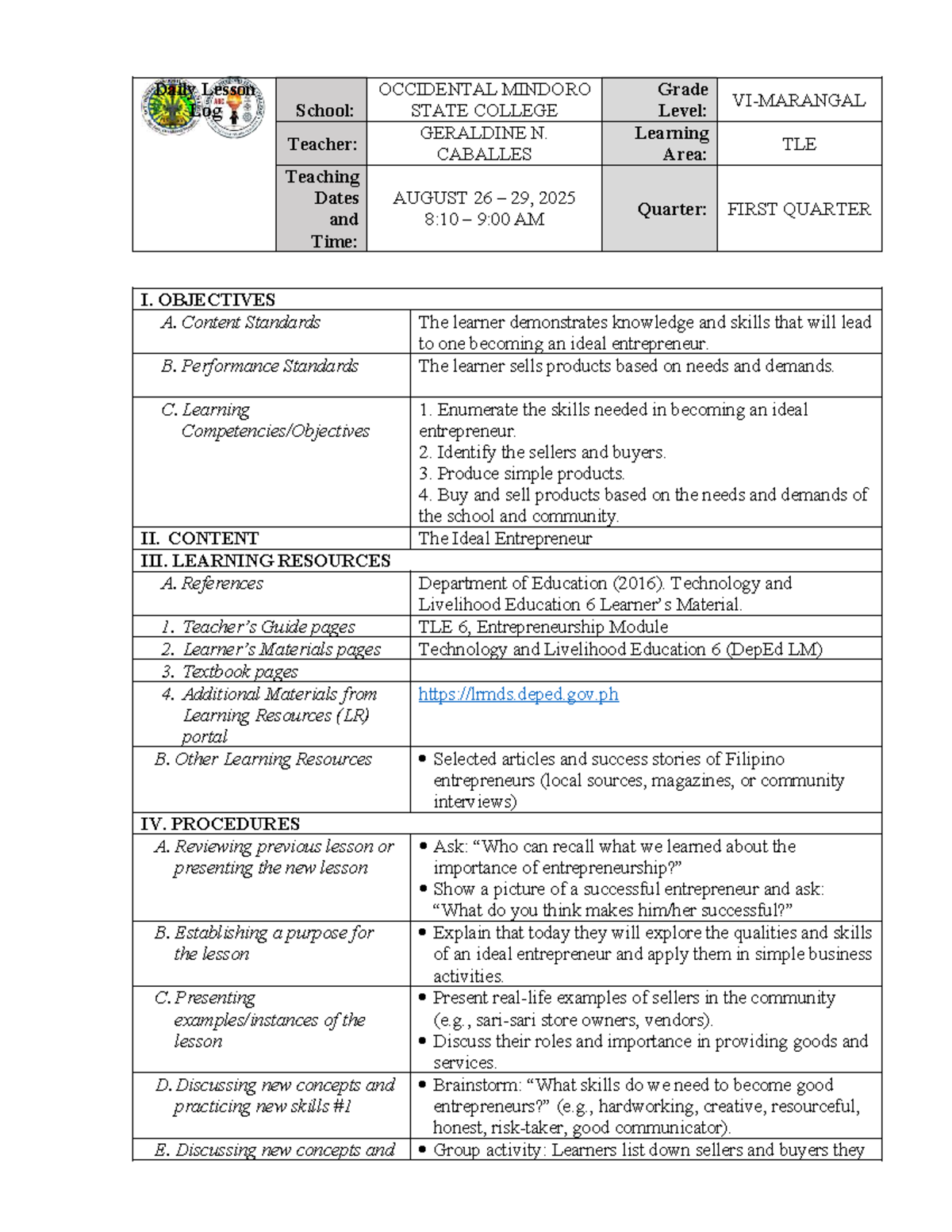 TLE 6 - 1st Quarter Lesson Plan: Becoming an Ideal Entrepreneur - Studocu