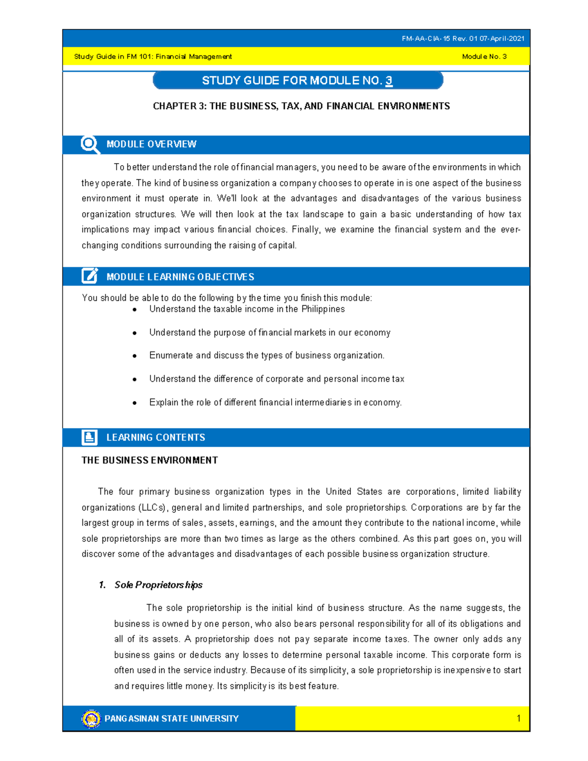 Rev. 01 Study Guide for FM 101: Financial Management Module 3 - Studocu