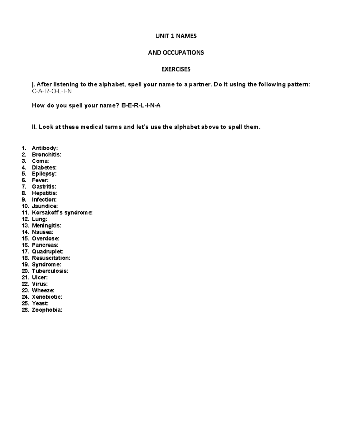Unit 1: Names and Occupations Exercises - Ejercicios de la Unidad 1 ...