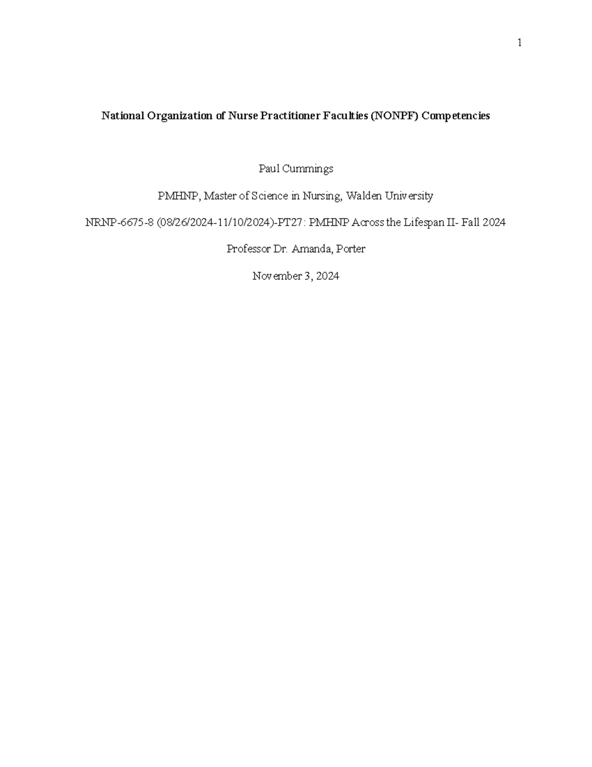 WK10Assgn 2: NONPF Competencies in PMHNP Practice - Cummings - Studocu