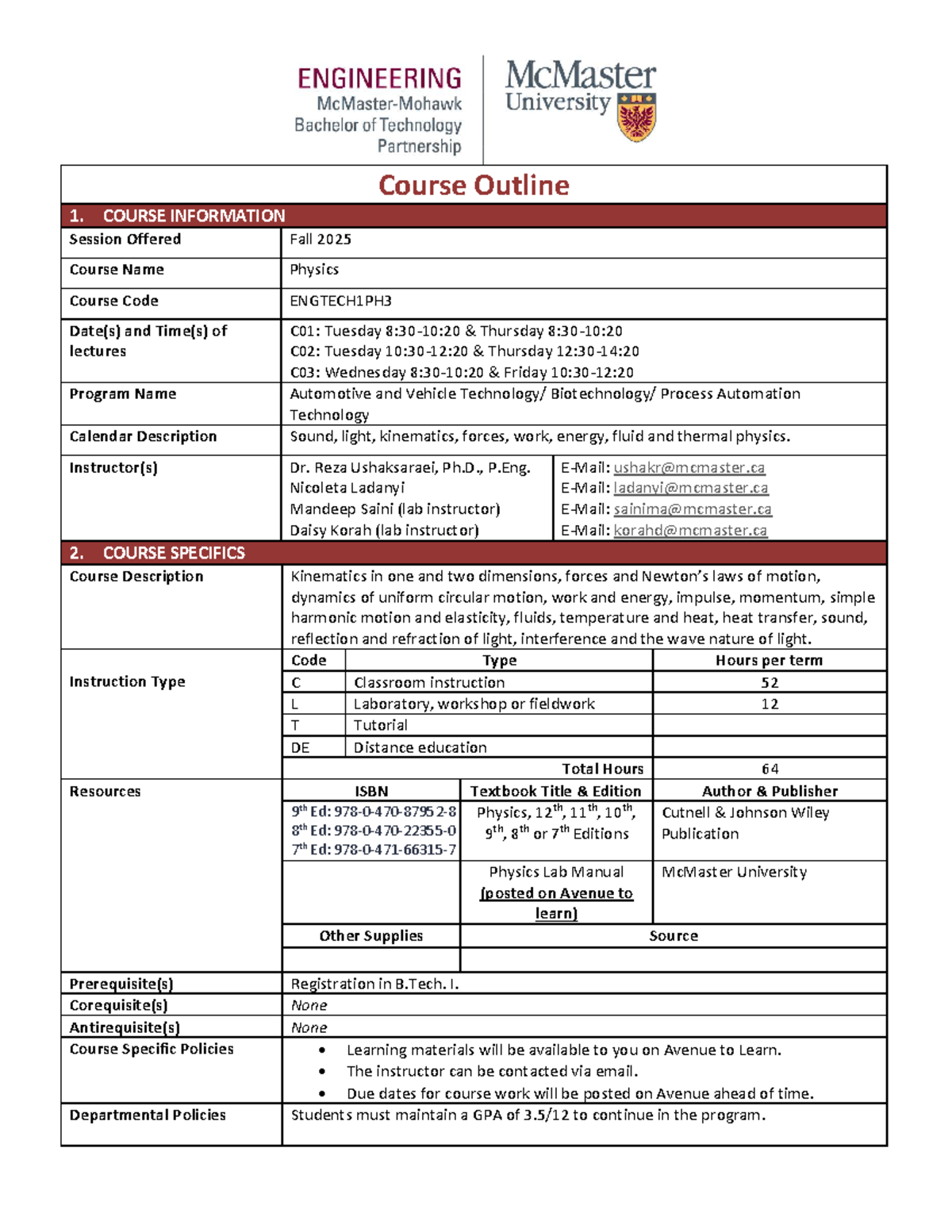 Engtech 1PH3 Physics Course Outline - Fall 2025 - Studocu