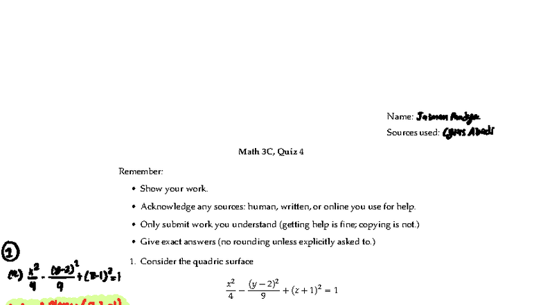 MATH 3C - Quiz 4: Analyzing Quadric Surfaces and Conversions - Studocu